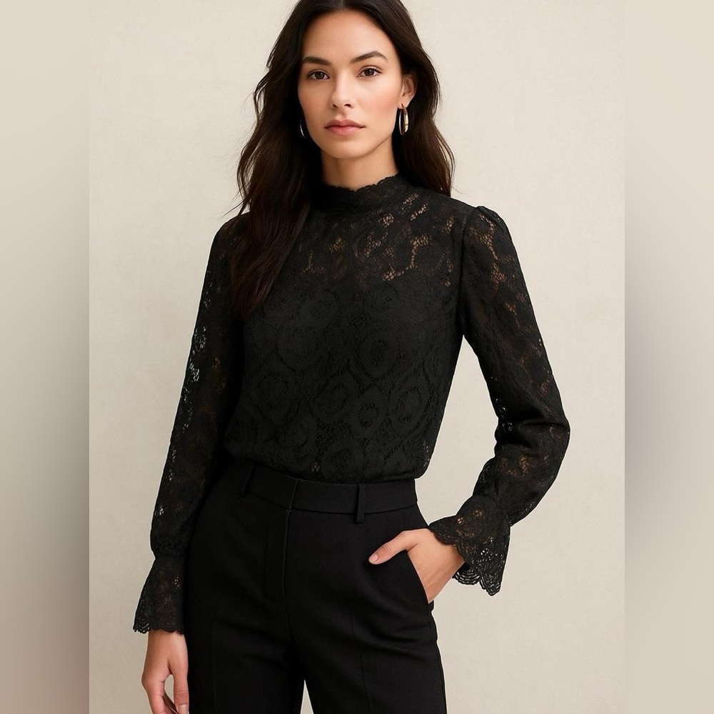 Black Lace Sheer Blouse XL Women’s Long Sleeve Embroidered Top